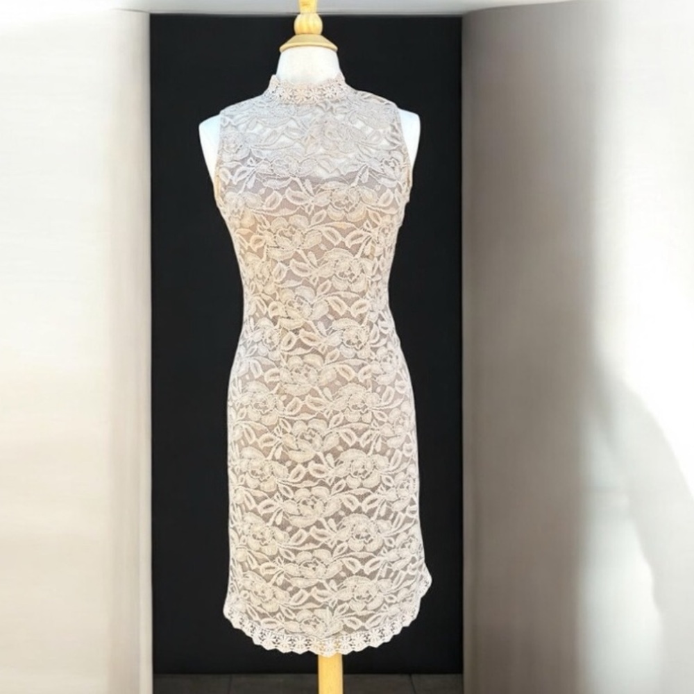 Joseph Ribkoff Lace Overlay Sheath Dress Nude Beige Sleeveless Cocktail Formal
